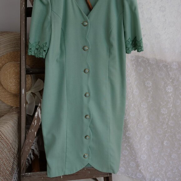 Vintage 1980s Mint Sage Green Linen Dress Button Front Retro 80s Thrift Dresses - Picture 10 of 12